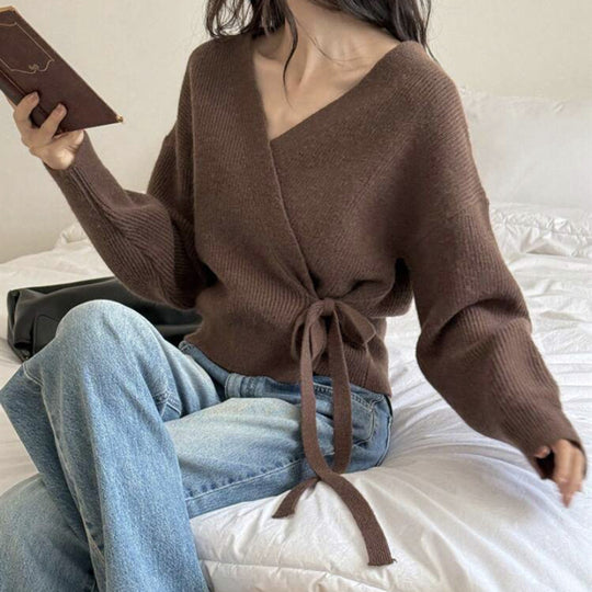 Damen Wickel-Strickjacke mit V-Ausschnitt, Taillenschleife und Ballonärmeln Shop Nory