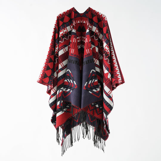 Damen Geometrisch gemusterter Wollmix‑Poncho mit Zipfel und Fransen Shop Nory
