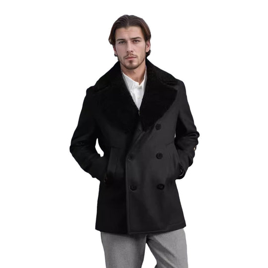 Herren Doppelreihiger Kurzmantel aus Wollmix mit großem Teddykragen Shop Nory