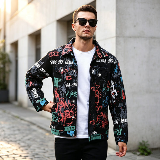 Herren Stilvolle Graffiti-Jeansjacke Shop Nory