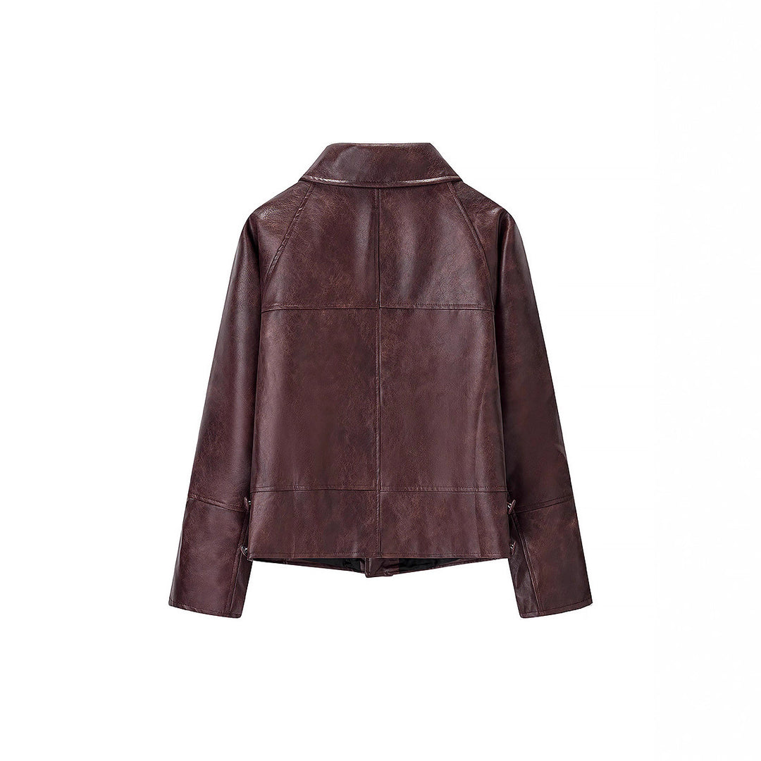 Damen Kurzer Boxy‑Lederimitat‑Blouson mit geometrischen Nahtdetails und Hemdkragen Shop Nory