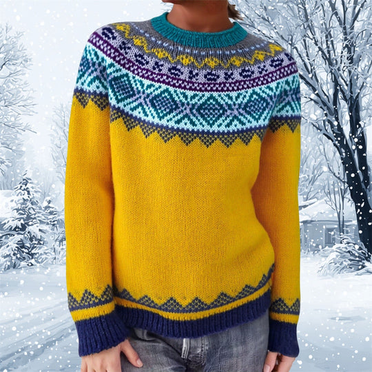 Damen nan melierter Rundhalsausschnittpullover mit kreisförmigem Jacquard-Yoke und geripptem Saum Shop Nory