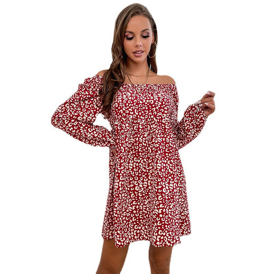 Damen Schulterfreies Babydoll‑Minikleid mit Animalprint, gerafftem Oberteil und langen Ärmeln Shop Nory