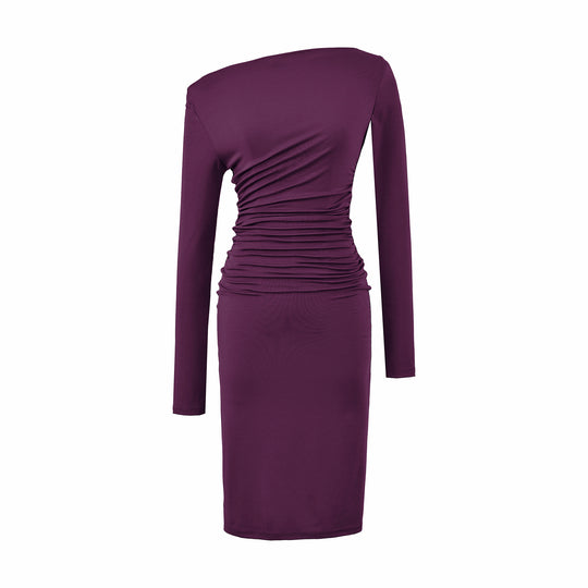 Damen Asymmetrisches Ein-Schulter-Midikleid mit Raffung und Langarm Shop Nory
