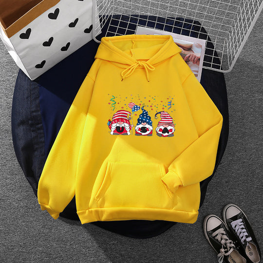 Damen nan Kapuzenpullover mit patriotischem Gartenzwerg-Print, angerautem Fleece-Innenfutter, Oversize-Schnitt und Kängurutasche Shop Nory