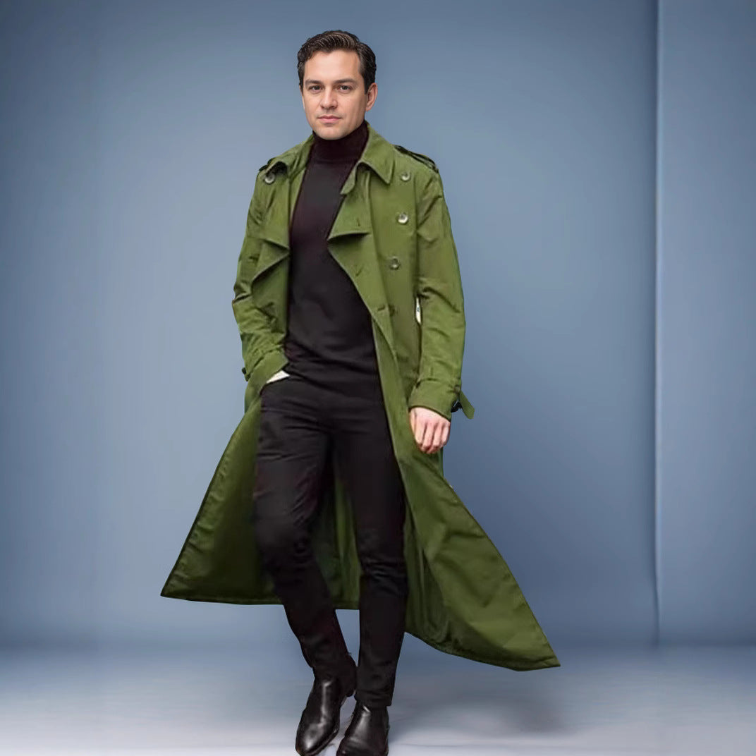 Herren Wasserabweisender Long-Trenchcoat mit doppelter Knopfleiste, Schulterklappen und verstellbarem Taillengürtel Shop Nory