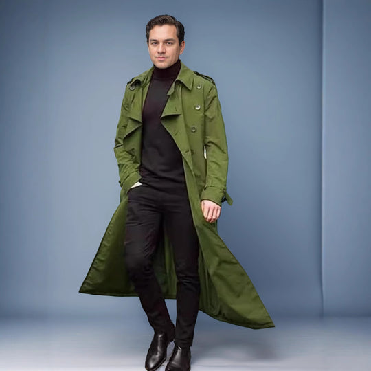 Herren Wasserabweisender Long-Trenchcoat mit doppelter Knopfleiste, Schulterklappen und verstellbarem Taillengürtel Shop Nory