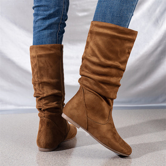 Damen Slouch-Stiefel mit flachem Absatz, seitlichem Reißverschluss und weichem Velours Shop Nory