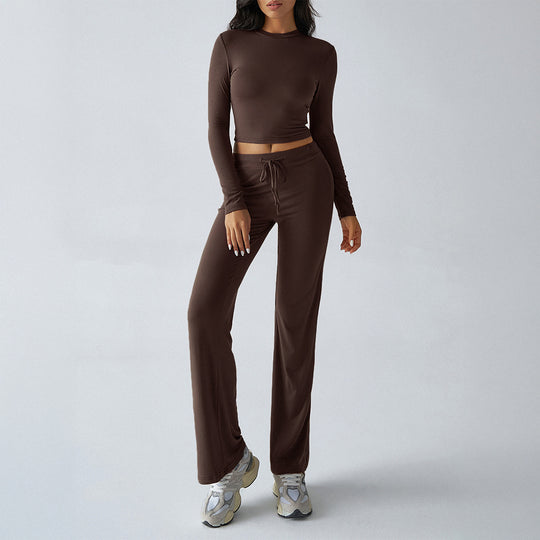 Damen nan tailliertes Longsleeve-Crop-Top und weite Lounge-Hose im Zweiteiler-Set aus Stretchjersey Shop Nory