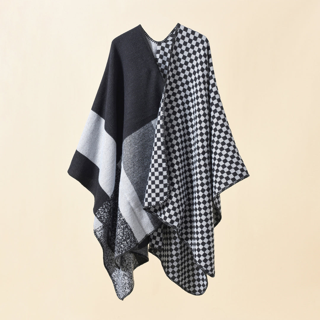 Damen Wendbarer Karomuster-Capeponcho aus Wollmix mit kastigem Oversize-Fall Shop Nory