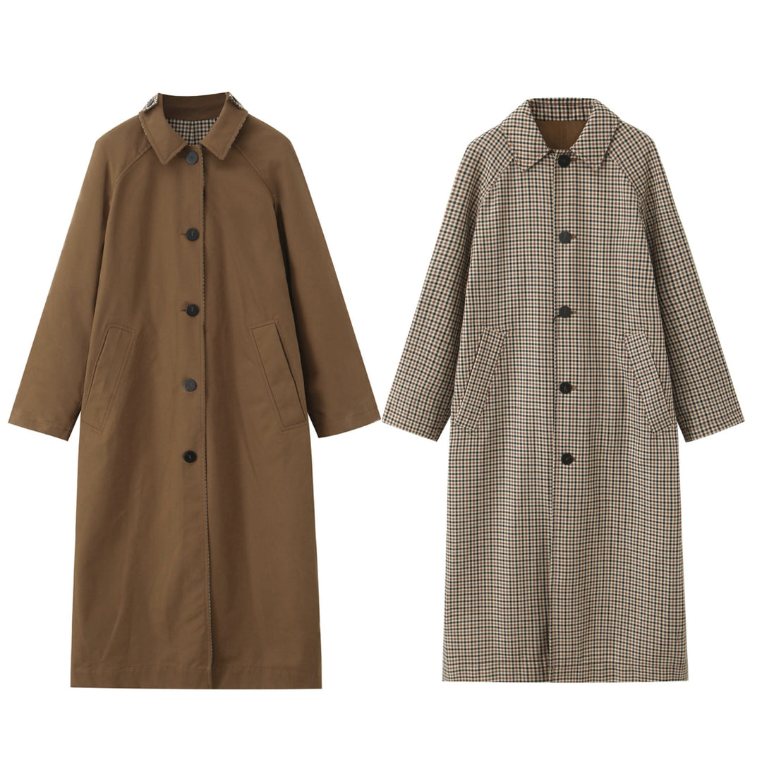 Damen langer minimalistischer Trenchcoat mit kariertem Innenfutter Shop Nory