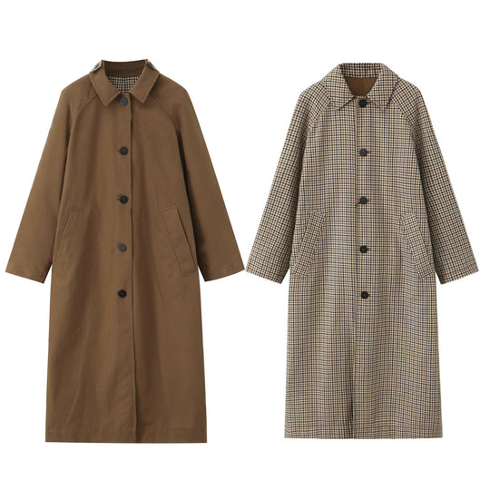 Damen langer minimalistischer Trenchcoat mit kariertem Innenfutter Shop Nory