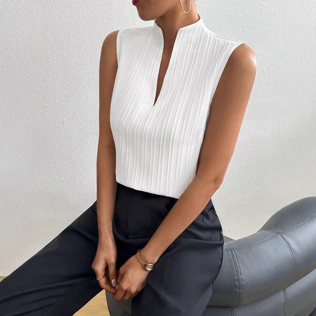 Damen Elegantes Top mit Stehkragen und feinen Plisseefalten