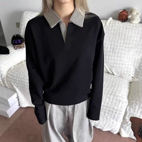 Damen Langärmeliges Polo-Shirt mit kontrastierendem Hahnentrittmuster Kragen Shop Nory