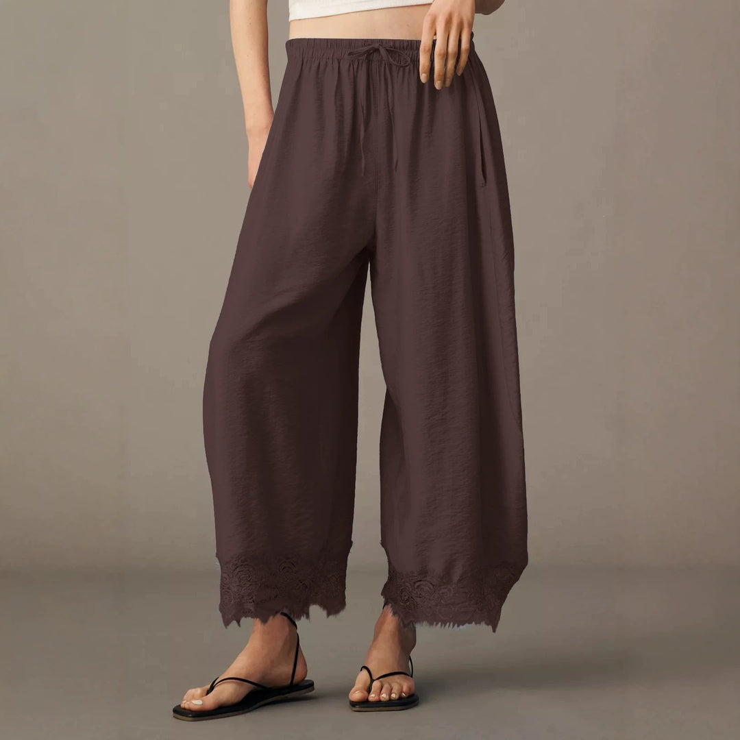 Damen Weite Palazzo-Hose mit elastischem Tunnelzugbund und Spitzenbesatz Shop Nory