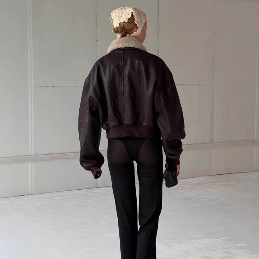 Damen Oversized Fliegerjacke im Biker-Bomber-Stil mit Teddykragen Shop Nory