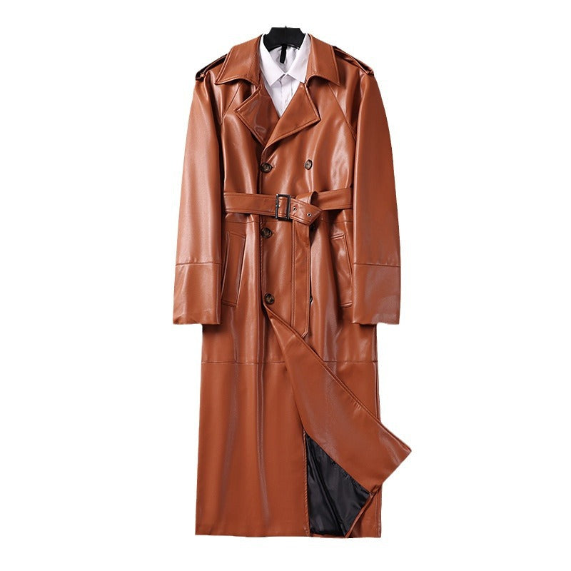 Herren Langer Kunstleder-Trenchcoat mit Doppelreiher, Taillengürtel und Schulterklappen Shop Nory