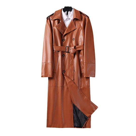 Herren Langer Kunstleder-Trenchcoat mit Doppelreiher, Taillengürtel und Schulterklappen Shop Nory