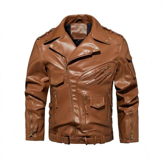 Herren Stylische Bikerjacke mit Mehreren Reißverschlusstaschen und Gürteldetail