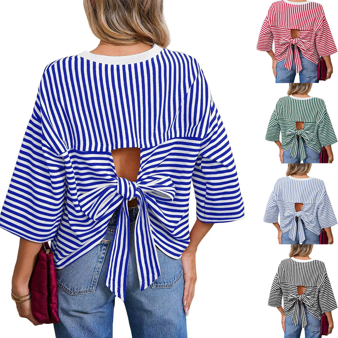 Damen Gestreiftes Oversize-Shirt mit Rückenausschnitt und Schleifenbindung Shop Nory