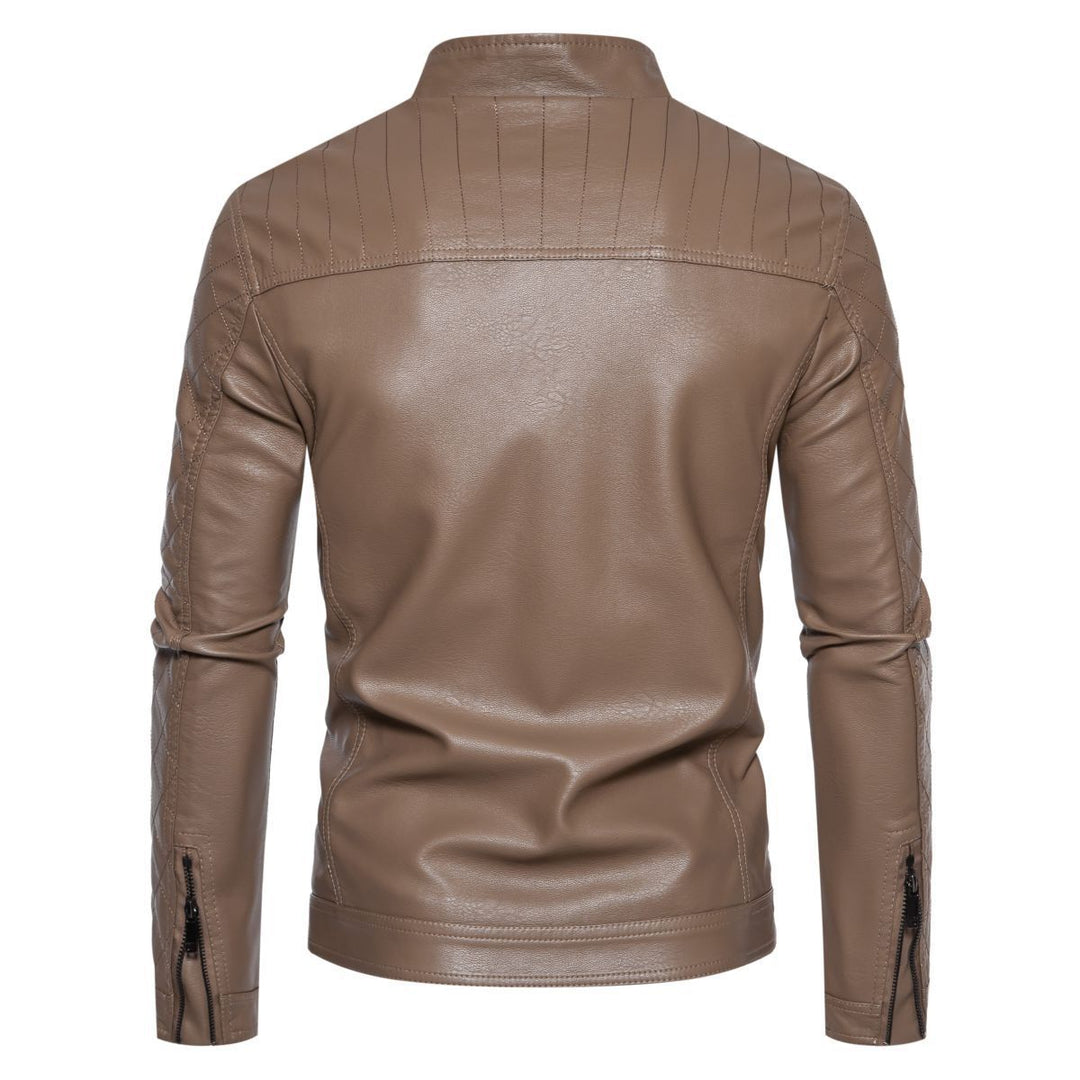 Herren taillierte Lederimitat-Bikerjacke mit Stehkragen und gesteppter Ärmeldetail Shop Nory
