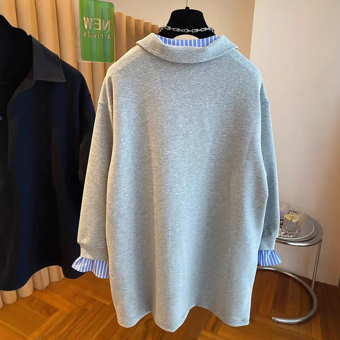 Damen Oversized Sweatshirt mit Hemdkragen-Optik und gestreiften Manschetten Shop Nory