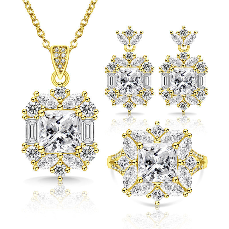 Luxuriöse quadratische Zentrum Cubic-Zirkonia Halo Schmuckkollektion Halskette Ohrringe Ring