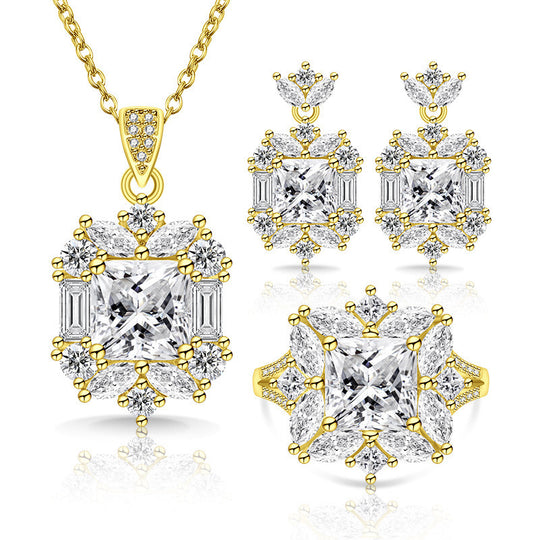Luxuriöse quadratische Zentrum Cubic-Zirkonia Halo Schmuckkollektion Halskette Ohrringe Ring