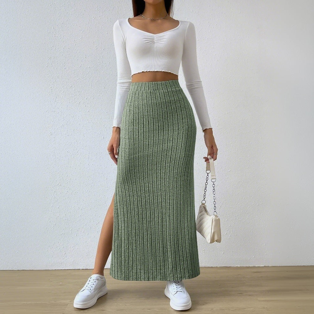 Damen gerippter Midirock mit hohem Bund und figurumspielender A-Linie Shop Nory