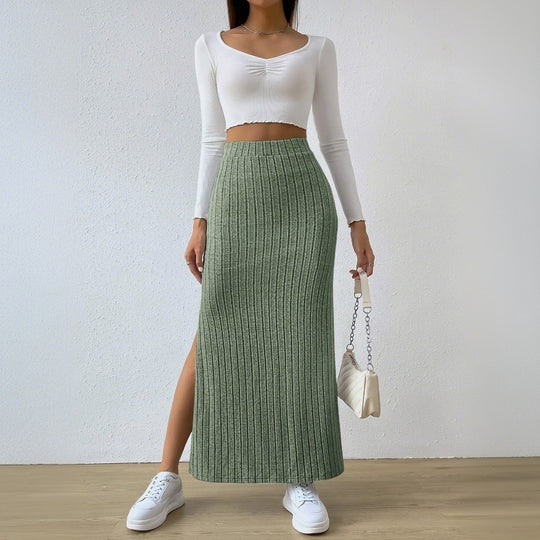 Damen gerippter Midirock mit hohem Bund und figurumspielender A-Linie Shop Nory