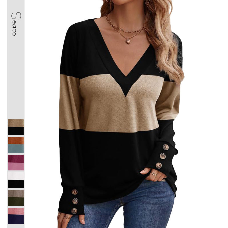 Damen Feinstrick-Pullover mit V‑Ausschnitt, Colorblock und Zierknopf‑Manschetten Shop Nory