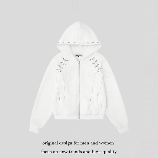 Damen Kapuzen-Sweatjacke mit Schnürungen, Metallösen und durchgehendem Reißverschluss Shop Nory