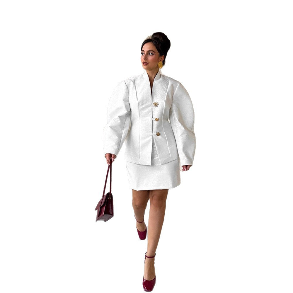 Damen Tailliertes Blazer‑Kostüm mit skulpturalen Ballonärmeln und Minirock Shop Nory