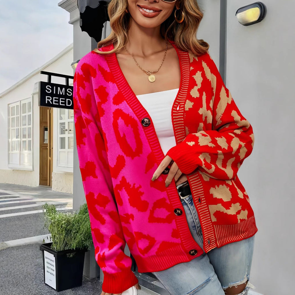 Damen Leichte Strickjacke mit farbenfrohem Leopardenmuster