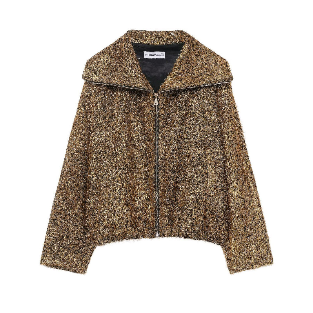 Damen Glitzernde Bouclé-Zipjacke mit weitem Kragen und cropped Boxy‑Schnitt Shop Nory