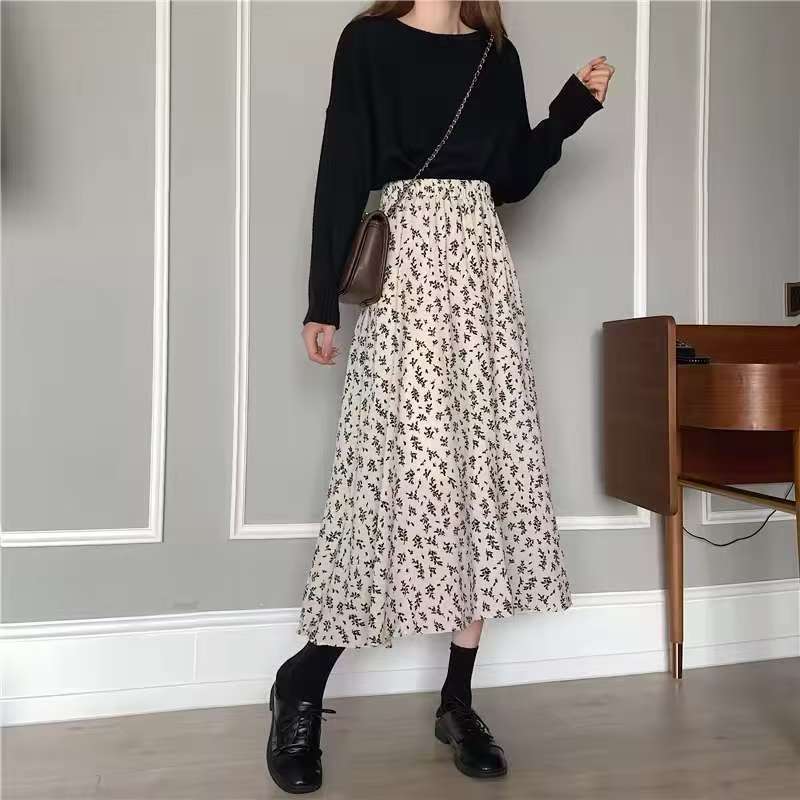 Damen Midirock mit floralem Print, taillenbetonter Rüschen-Bund und leichter Plissée-Qualität Shop Nory