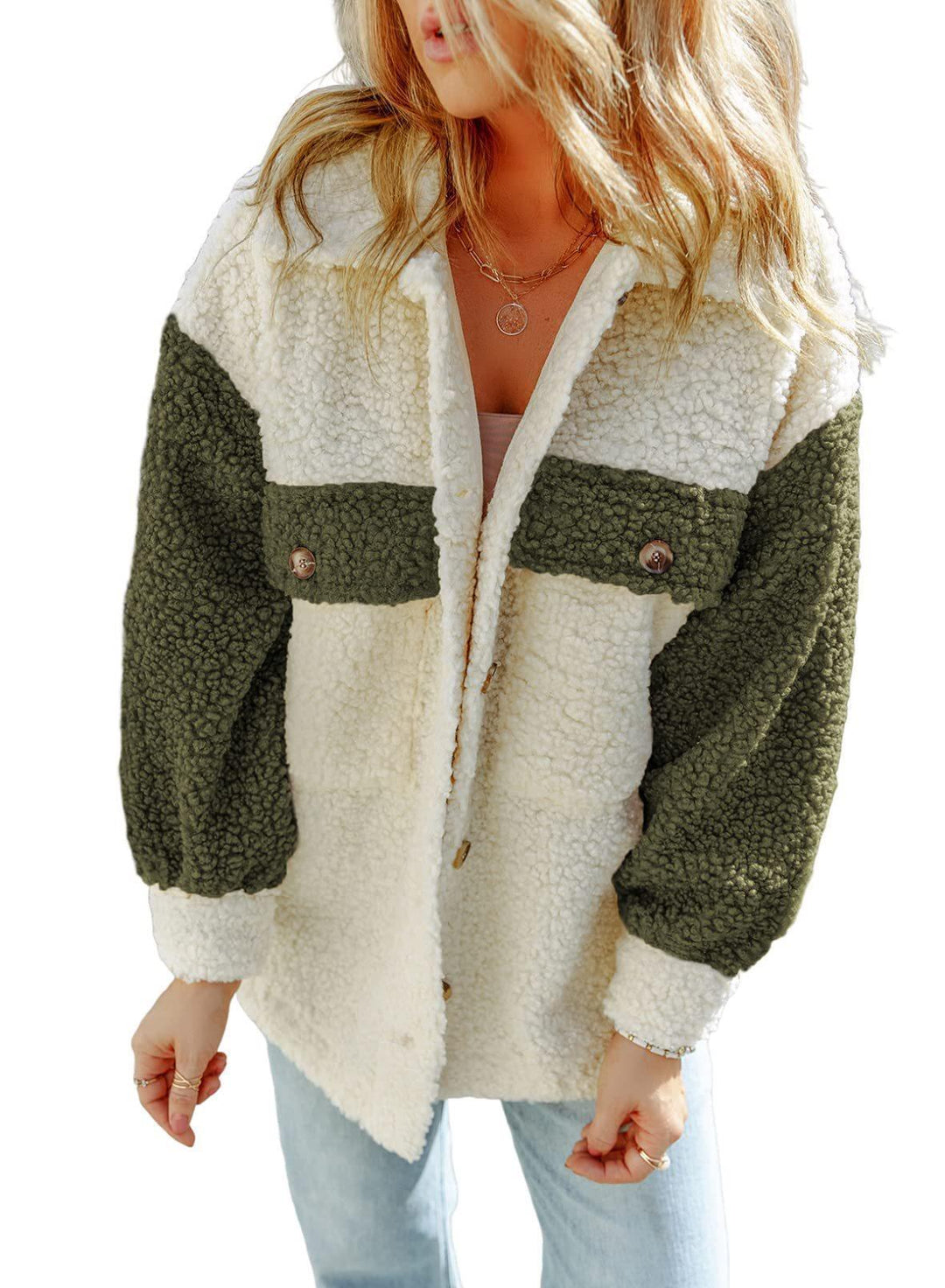 Damen nan oversized Teddy-Hemdjacke mit Kontraststreifen, aufgesetzten Brusttaschen und sichtbarer Knopfleiste Shop Nory
