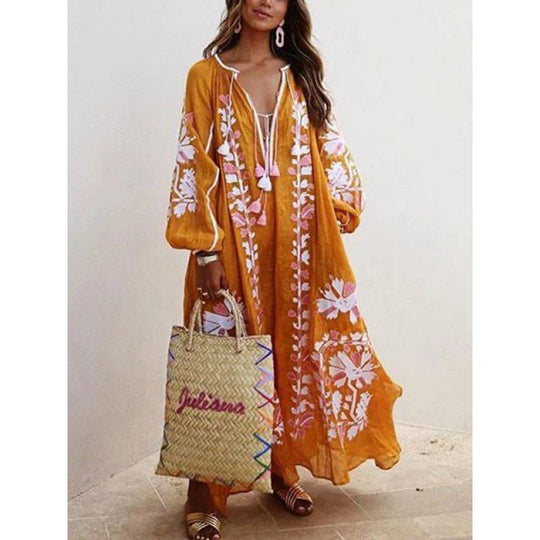 Damen Besticktes Boho-Maxikleid mit Ballonärmeln und Quastenverschluss Shop Nory