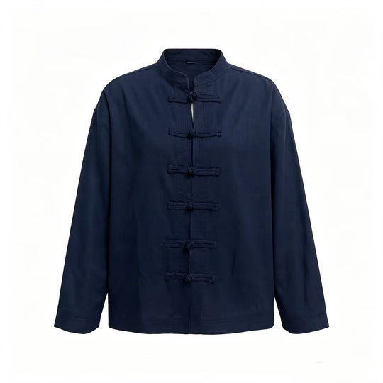 Damen Locker geschnittene Bluse im Mandarin‑Look mit Knotenknöpfen Shop Nory