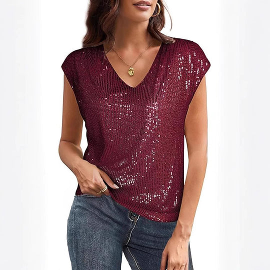 Damen Ärmelloses Pailletten-Top mit V-Ausschnitt und gerafftem Saum Shop Nory