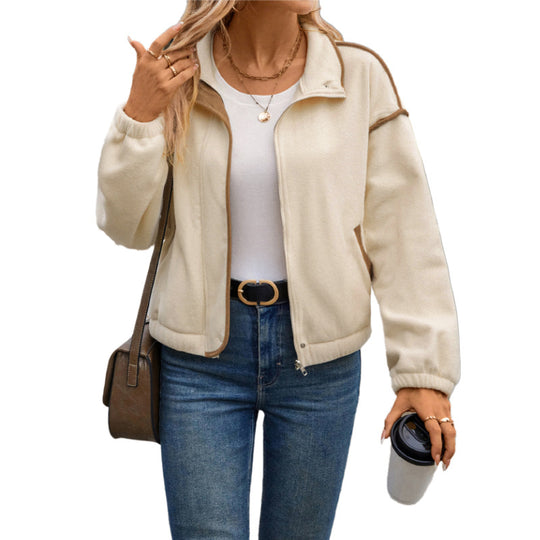 Damen Kurzjacke aus Teddy-Fleece mit Stehkragen, Kontrastpaspel und Reißverschluss Shop Nory