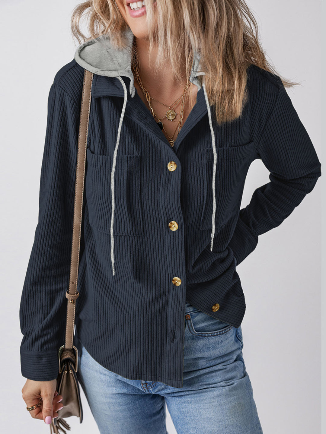 Damen Gerippte Hemdjacke mit Kapuze, Knopfleiste und aufgesetzten Taschen Shop Nory