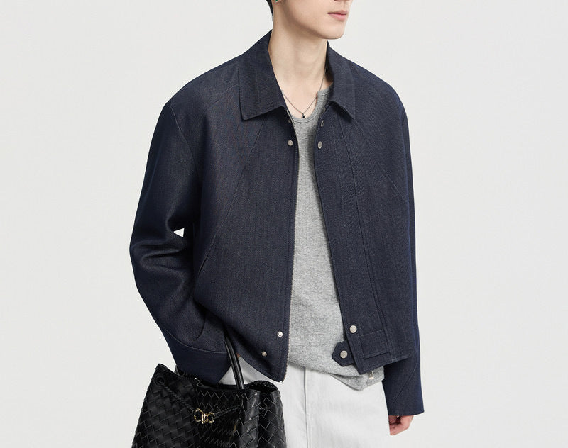 Herren Boxy-Jeansjacke im Minimalstil mit Hemdkragen und verdeckter Druckknopfblende Shop Nory