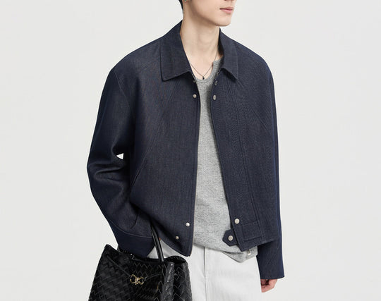 Herren Boxy-Jeansjacke im Minimalstil mit Hemdkragen und verdeckter Druckknopfblende Shop Nory