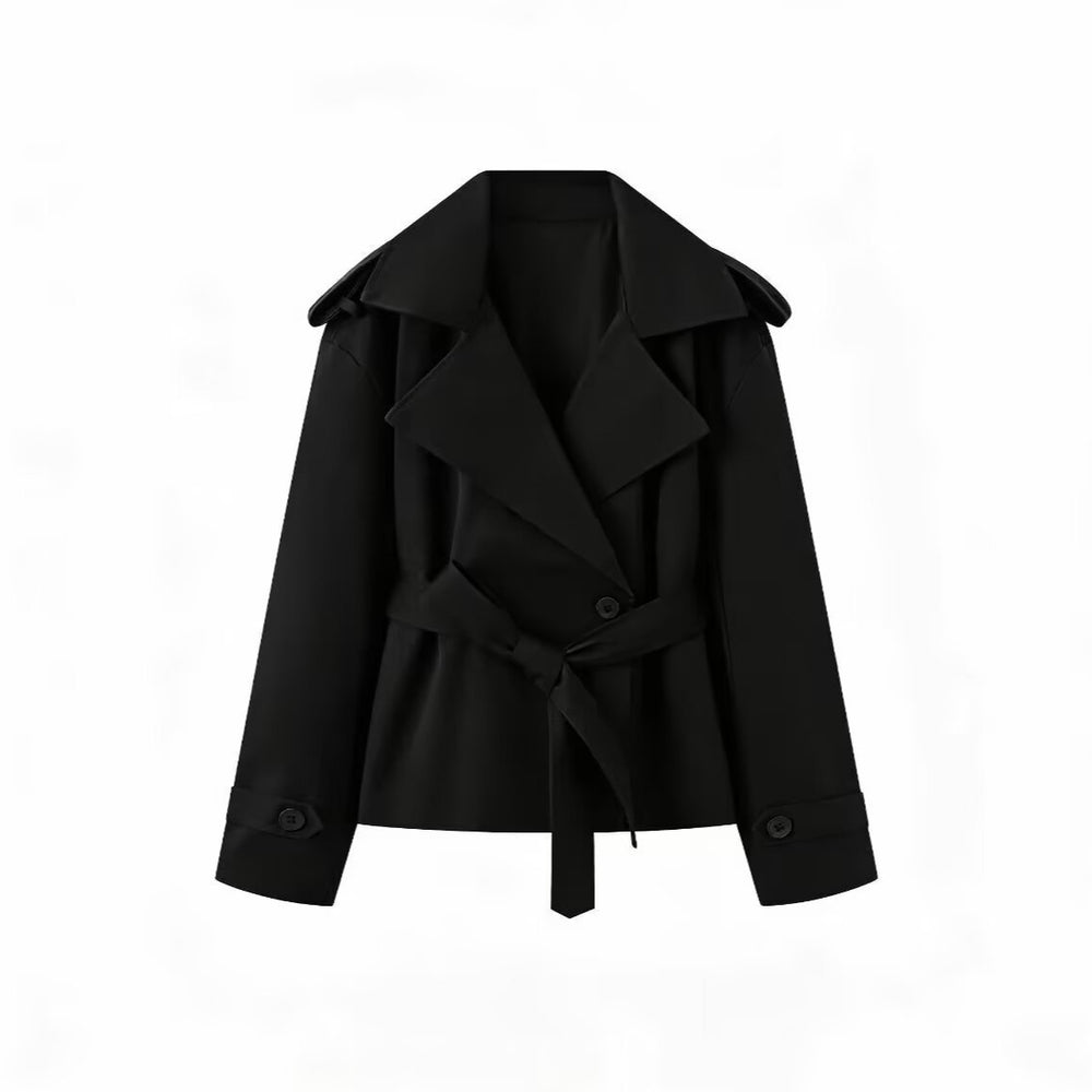 Damen Kurz geschnittener Trenchcoat mit Taillengürtel und breitem Revers Shop Nory