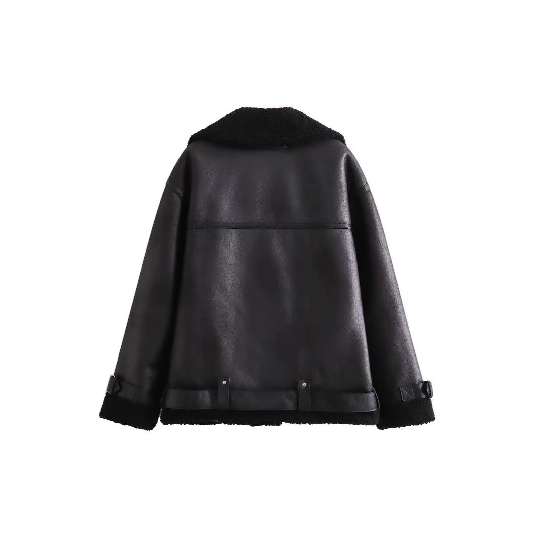 Damen Fliegerjacke im Bikerstil mit Teddyfutter, Kunstlederbesatz und Taillengürtel Shop Nory