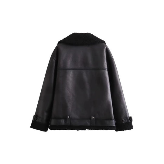 Damen Fliegerjacke im Bikerstil mit Teddyfutter, Kunstlederbesatz und Taillengürtel Shop Nory