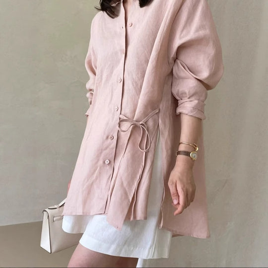 Damen Locker geschnittene Leinen‑Hemdbluse mit Stehkragen, Tunnelzug‑Taille und durchgehender Knopfleiste Shop Nory
