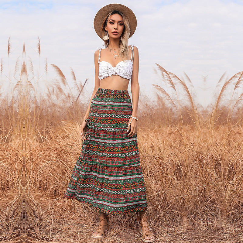 Damen Maxi-Stufenrock mit elastischem Taillenbund, seitlichen Knotendetails und Ethno-Print Shop Nory