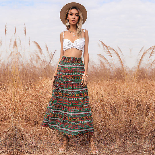 Damen Maxi-Stufenrock mit elastischem Taillenbund, seitlichen Knotendetails und Ethno-Print Shop Nory